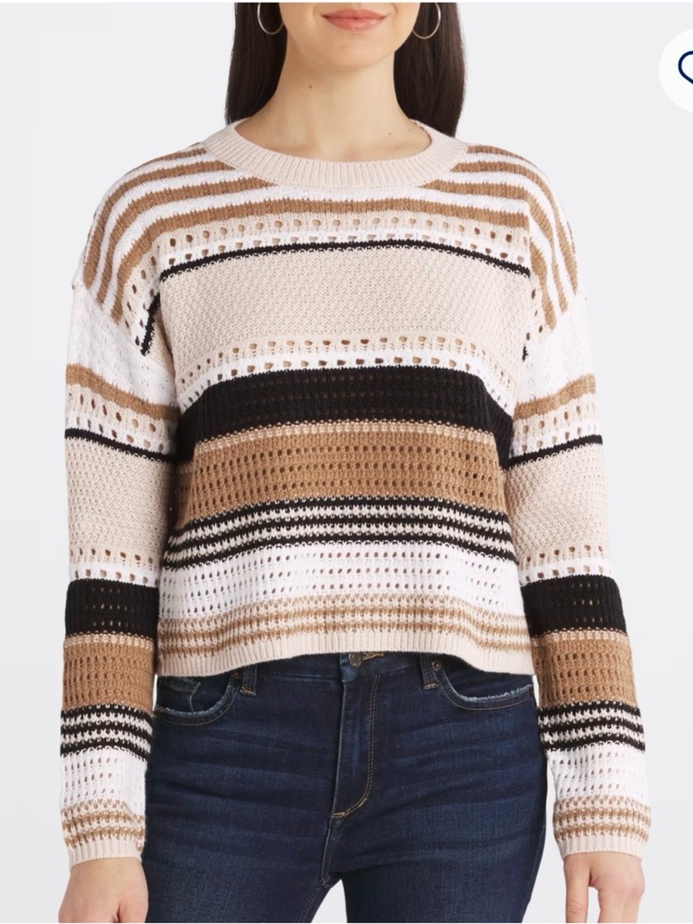 RD Style Striped Open-Knit Crewneck Sweater in White, Black & Tan
